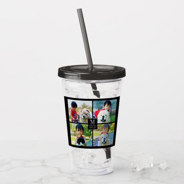 4 Photo Customized Collage with Monogram Acrylic Tumbler (Front Ice)