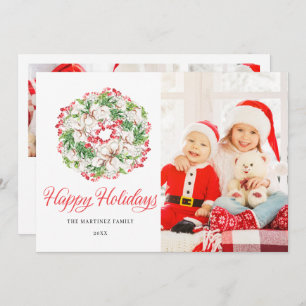 4 PHOTO Elegant Christmas Wreath Flat Holiday Card