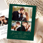 4-Photo Emerald Green Gold Save the Date Announcement Postcard<br><div class="desc">This simple, minimalist Save the Date postcard features a photo collage of three photos above the words "Save the Date" in elegant gold-coloured handwriting script, followed by the couple's names, wedding date and city in sans serif font on an emerald green background. Add a fourth, horizontal photo and a more...</div>