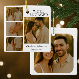 4 Photo Engagement Collage Christmas Ceramic Ornament
