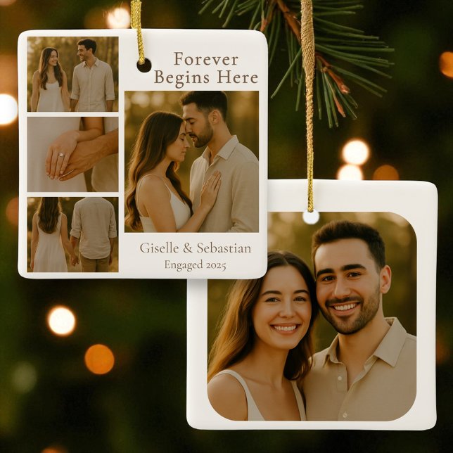 4 Photo Engagement Collage Christmas Holiday Ceramic Ornament (Creator Uploaded)
