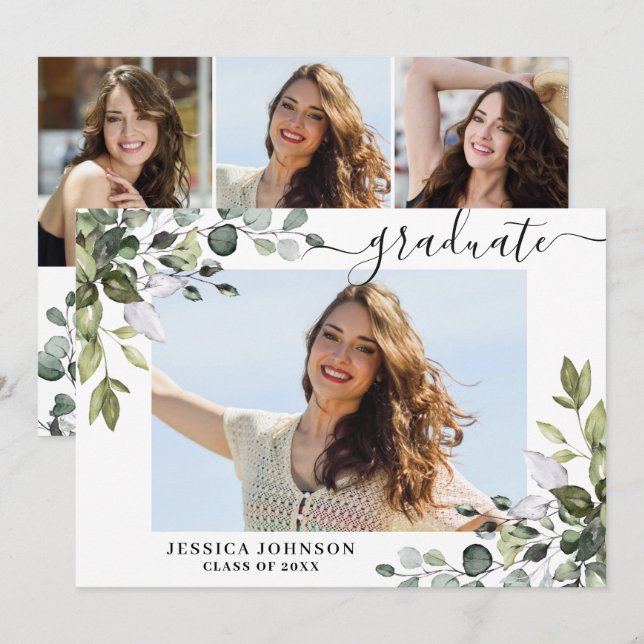 4 Photo Eucalyptus Greenery Graduation Party Invitation (Front/Back)