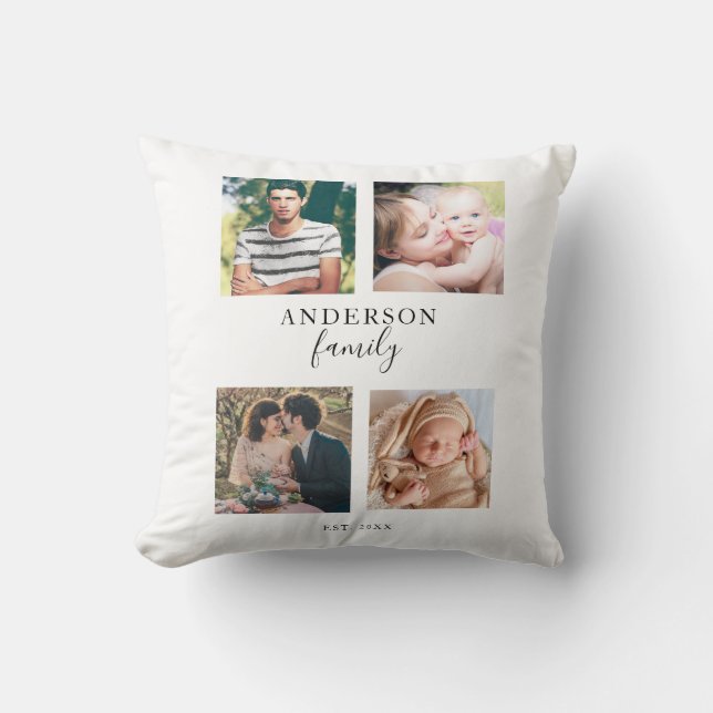 4 Photo Family Collage Hand Lettering Square Pics Cushion (Front)