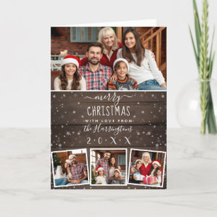 4 Photo Family Collage   Rustic Wooden Christmas Holiday Card