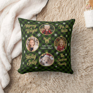 4 Photo Family Ornaments Green Plaid Christmas Cushion