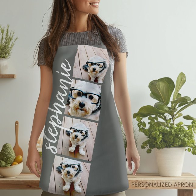 4 Photo Film Strip Collage Script Name grey Apron (Personalized Apron)