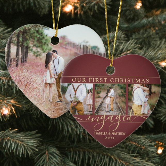 4 Photo First Christmas Engaged Burgundy Red Heart Ceramic Ornament (Creator Uploaded)
