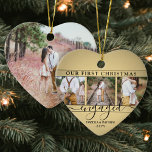 4 Photo First Christmas Engaged Faux Gold Heart Ceramic Ornament<br><div class="desc">Celebrate the joyful 1st holiday of your engagement with a custom heart-shaped 4 photo collage "Our First Christmas Engaged" black and gold ceramic ornament. All text and images on this template are simple to personalise. (IMAGE PLACEMENT TIP: An easy way to centre a photo exactly how you want is to...</div>