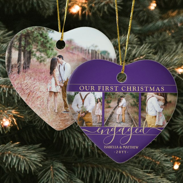 4 Photo First Christmas Engaged Purple Gold Heart Ceramic Ornament (Creator Uploaded)
