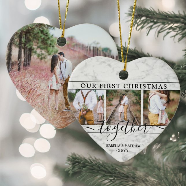 4 Photo First Christmas Together Faux Marble Heart Ceramic Ornament (Creator Uploaded)