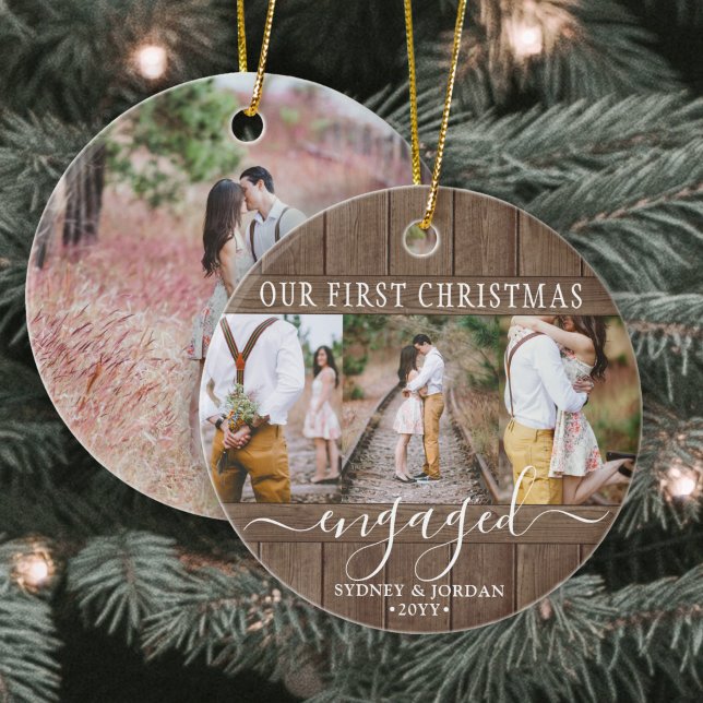 4 Photo First Xmas Engaged Rustic Faux Wood Round Ceramic Ornament (Creator Uploaded)