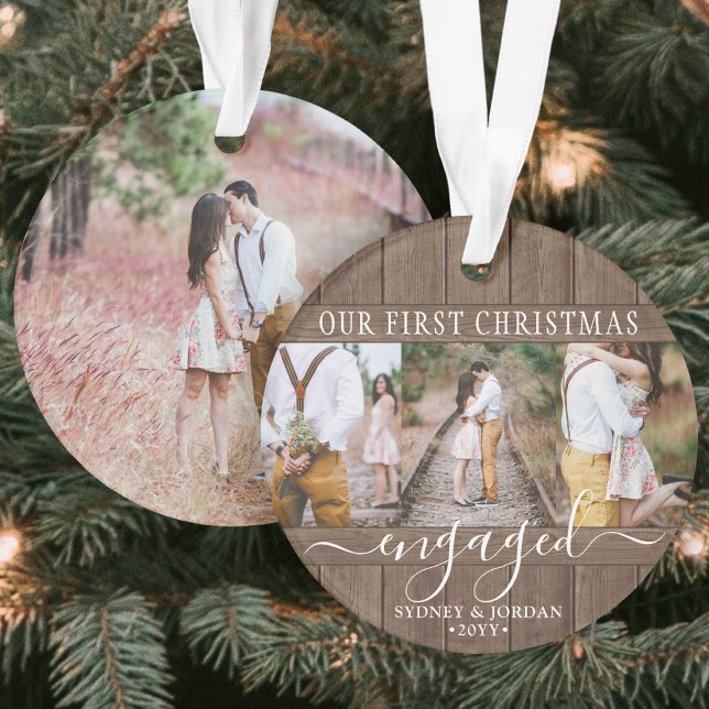 4 Photo First Xmas Engaged Rustic Faux Wood Round Ornament (Creator Uploaded)