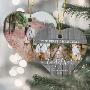 4 Photo First Xmas Together Grey Faux Wood Heart Ceramic Ornament