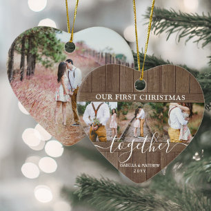 4 Photo First Xmas Together Rustic Faux Wood Heart Ceramic Ornament