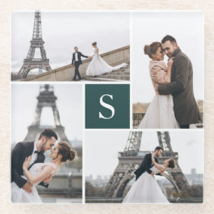4 Photo Gallery and Green Colour Block Monogram Glass Coaster