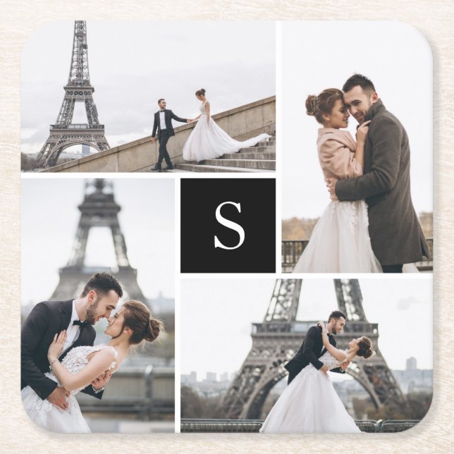 4 Photo Gallery and Monogram Square Paper Coaster (Front)