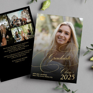 4 photo gold black graduate script graduation announcement