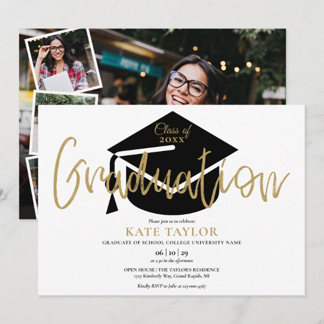4 Photo Gold Script Graduation Party Invitation (Front/Back)