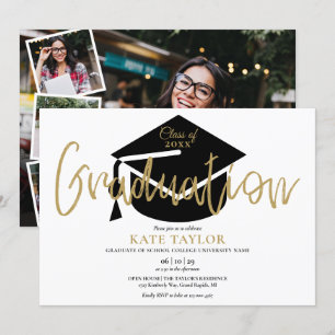 4 Photo Gold Script Graduation Party Invitation