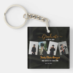 4 Photo Graduation Collage Black, Gold and white Key Ring