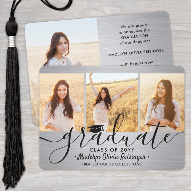 4 Photo Graduation Collage Brushed Grey Ombre Announcement (Creator Uploaded)