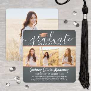 4 Photo Graduation Collage Grey and Faux Copper Announcement