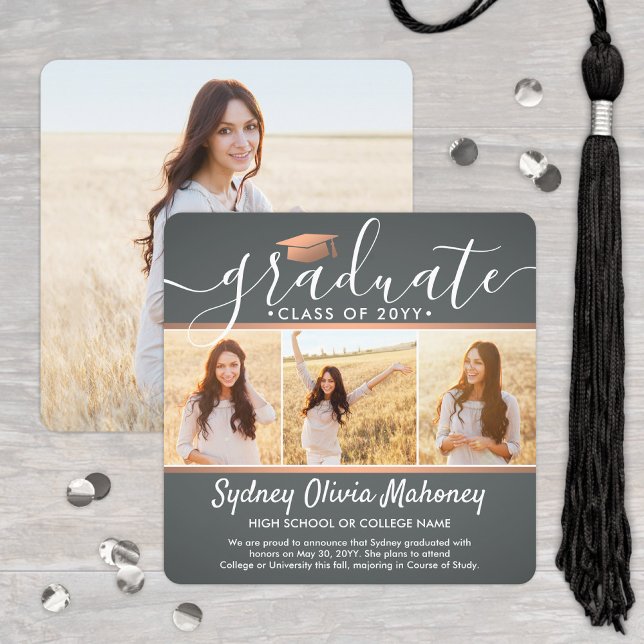 4 Photo Graduation Collage Grey and Faux Copper Announcement (Creator Uploaded)