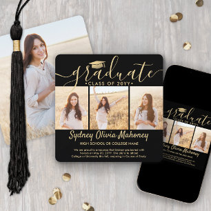 4 Photo Graduation Collage Modern Black and Gold Announcement