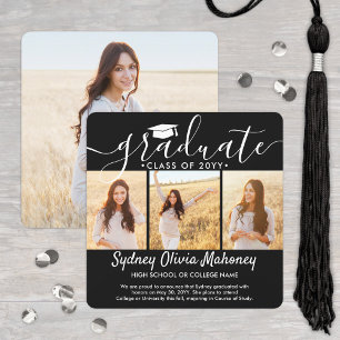 4 Photo Graduation Collage Modern Black and White Announcement