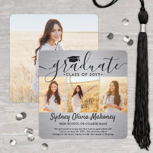 4 Photo Graduation Collage Modern Brushed Grey Announcement