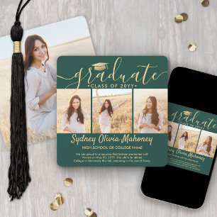 4 Photo Graduation Collage Modern Green and Gold Announcement