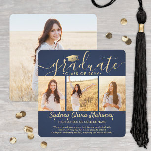 4 Photo Graduation Collage Modern Navy Blue & Gold Announcement