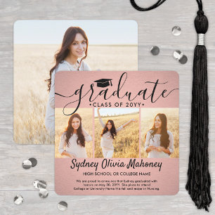 4 Photo Graduation Collage Modern Pink and Black Announcement