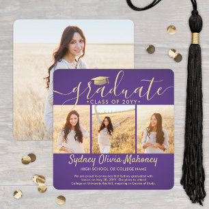 4 Photo Graduation Collage Modern Purple and Gold Announcement