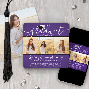 4 Photo Graduation Collage Modern Purple and White Announcement