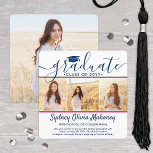 4 Photo Graduation Collage Modern Red White & Blue Announcement