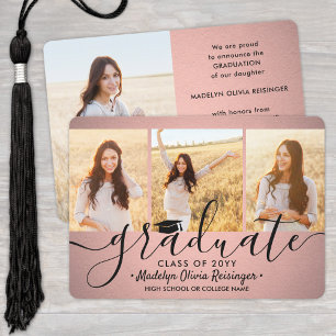 4 Photo Graduation Collage Pink Ombre and Black Announcement