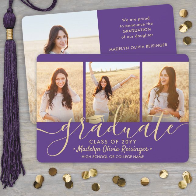 4 Photo Graduation Collage Purple and Gold Script Announcement (Creator Uploaded)