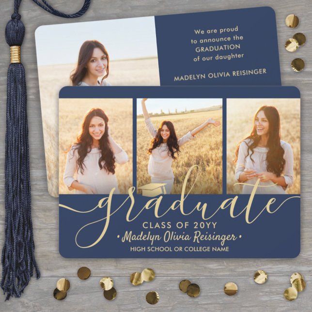 4 Photo Graduation Collage Script Navy Blue & Gold Announcement (Creator Uploaded)