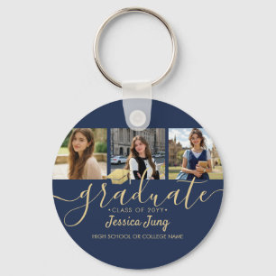 4 Photo Graduation Collage Script Navy Blue & Gold Key Ring