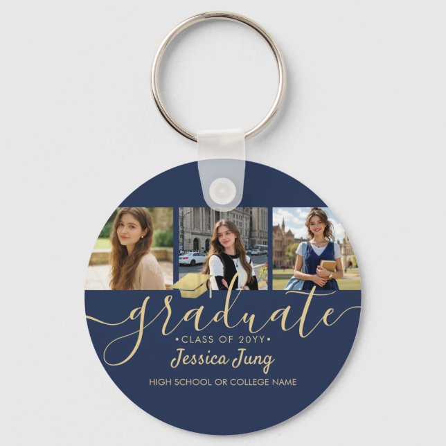 4 Photo Graduation Collage Script Navy Blue & Gold Key Ring (Front)