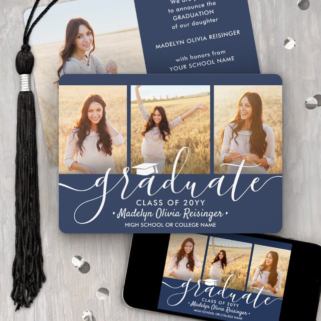 4 Photo Graduation Collage Script Navy Blue White Announcement (Creator Uploaded)