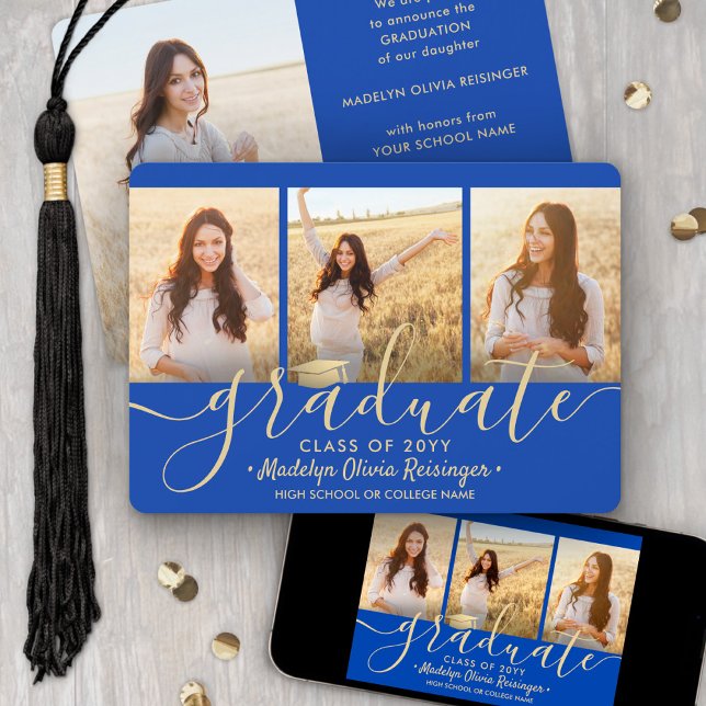 4 Photo Graduation Collage Script Royal Blue Gold Announcement (Creator Uploaded)