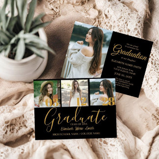 4 Photo Graduation Collage Simple Gold Script Announcement