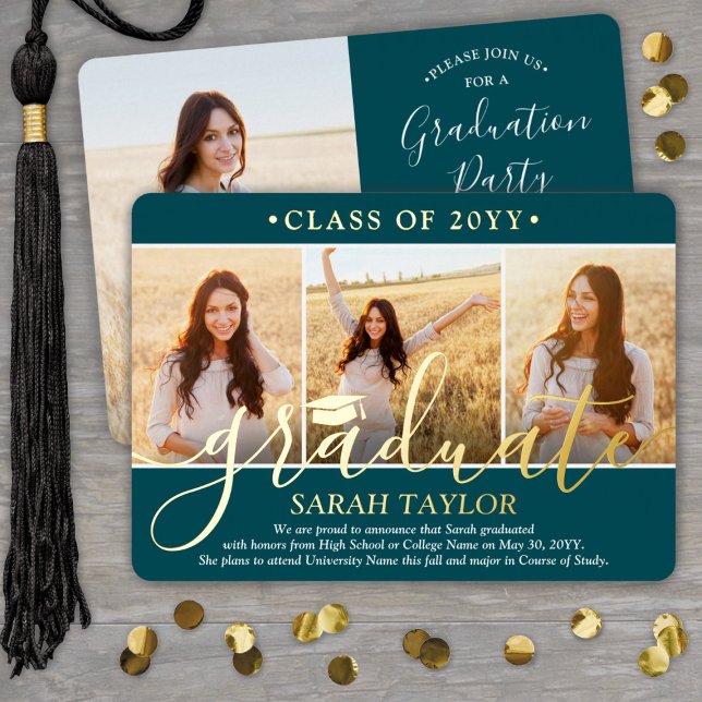 4 Photo Graduation Party Elegant Teal and Real (Creator Uploaded)