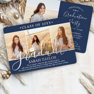 4 Photo Graduation Party Modern Script Navy Blue &