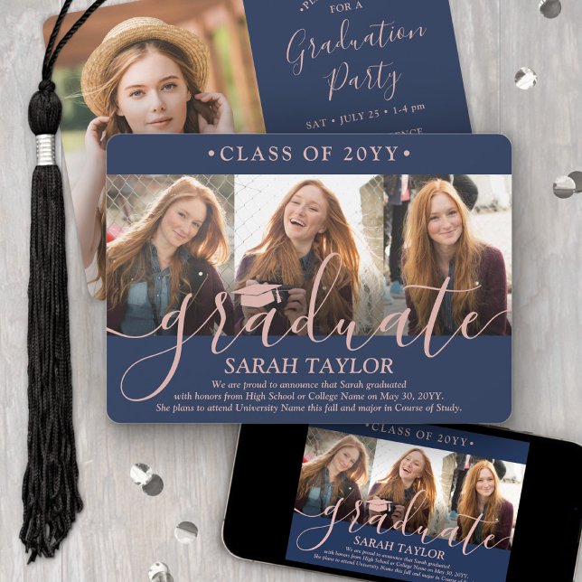 4 Photo Graduation Party Navy Blue & Pink Script Invitation (Creator Uploaded)
