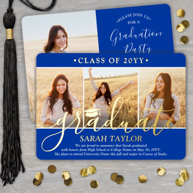 4 Photo Graduation Party Royal Blue White and Gold (Creator Uploaded)