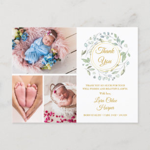 4 Photo Greenery Floral Gold Thank You Baby Birth Announcement Postcard