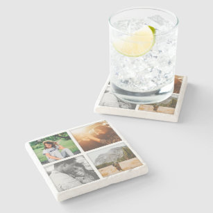 4 Photo Grid Square Template Shadowed Marble Stone Coaster